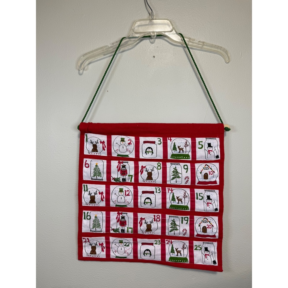 Tag Christmas Advent Calendar Red Fabric Wall Hanging 25 Pockets Snow Globe Jars